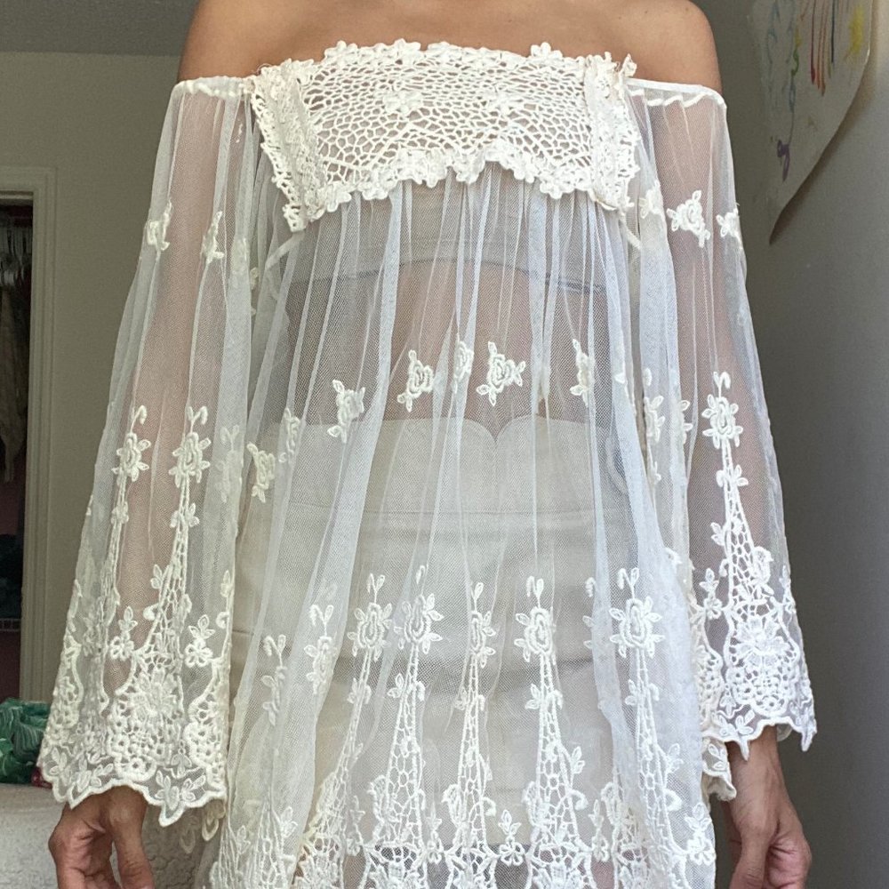 Cream Floral Transparent Dress